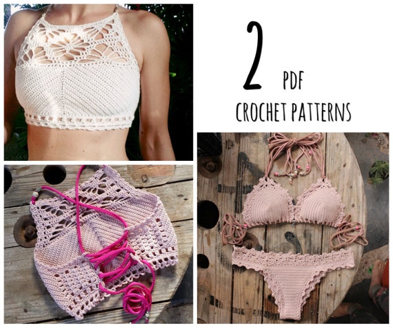 PDF-files for 2 Crochet PATTERNS, Luna cropped Crochet Top and Lorelei bikini top and Bottom, Sizes XS-L