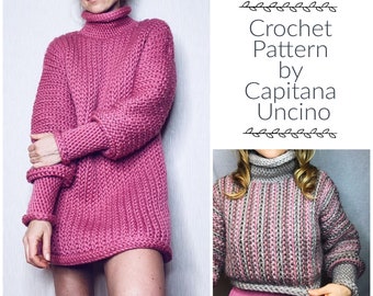 Pdf-file for Crochet PATTERN for Joiku Cropped Sweater and Long Sweater / Dress, 5 different Sizes: XS-XL, Slip stitch jumper