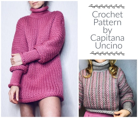 Pdf-file for Crochet PATTERN for Joiku Cropped Sweater and Long Sweater / Dress, 5 different Sizes: XS-XL, Slip stitch jumper