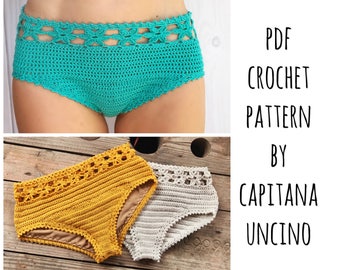 PDF-file for Crochet PATTERN, Coralia Flower hipster Bikini Bottom,  Crochet, Sizes XS,S,M,L