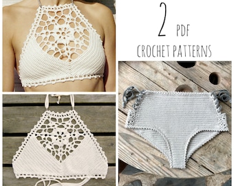 PDF-files for 2 Crochet PATTERNS: Venus crop Top and Aliyah Crochet Bikini Bottom Sizes XS-L, surfer bikini, Highwaist bottom