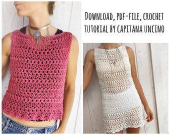 PDF-file for Crochet PATTERN, Alfreda Top, Dress, 4 different Sizes: XS, S, M, L, adjustable length