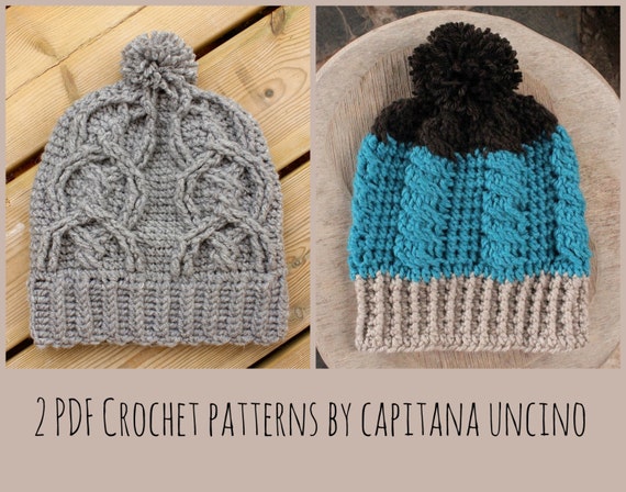 2 PDF-files, Crochet  PATTERNS for Cable Beanie and Alisha Cable beanie, Slouchy, Surfer beanie, pompom