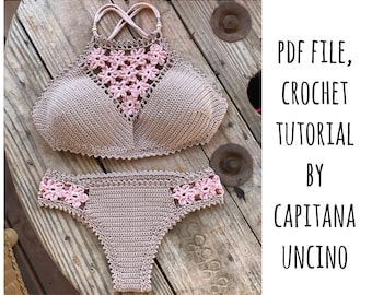PDF-file for Crochet PATTERN, Coralia Crochet Crop Top and Brazilian Bottom, Sizes XS-L, Bikini Top, Crochet Bikini pattern,