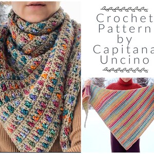 Puede incluir: Un patrón de crochet para un chal triangular con rayas de colores. El patrón es de Capitana Uncino.