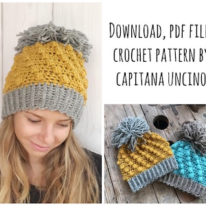 PDF Crochet  PATTERN for Bobble Beanie, 3 Sizes S, M, L, Easy, with Pompom, Pineapple Beanie