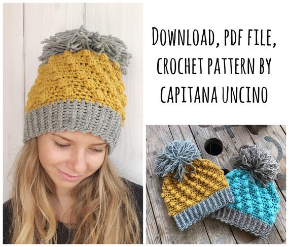 PDF Crochet  PATTERN for Bobble Beanie, 3 Sizes S, M, L, Easy, with Pompom, Pineapple Beanie