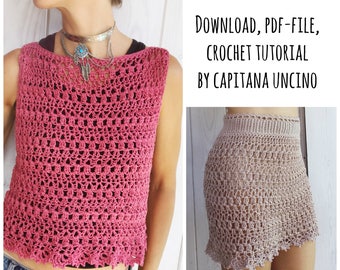 PDF-file for Crochet PATTERN, Alfreda Top, Dress and Skirt, 4 different Sizes: XS, S, M, L, adjustable length