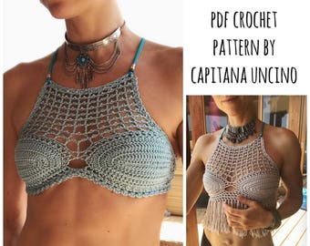 PDF-file for Crochet PATTERN, Indira Top, Sizes XS-L, Bikini top, Cropped top, 2 different edging options: with fringes or crochet petals