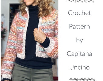 PDF-file for Crochet PATTERN, Naava Jacket with ribbings, sizes XS-xxL, 6 sizes