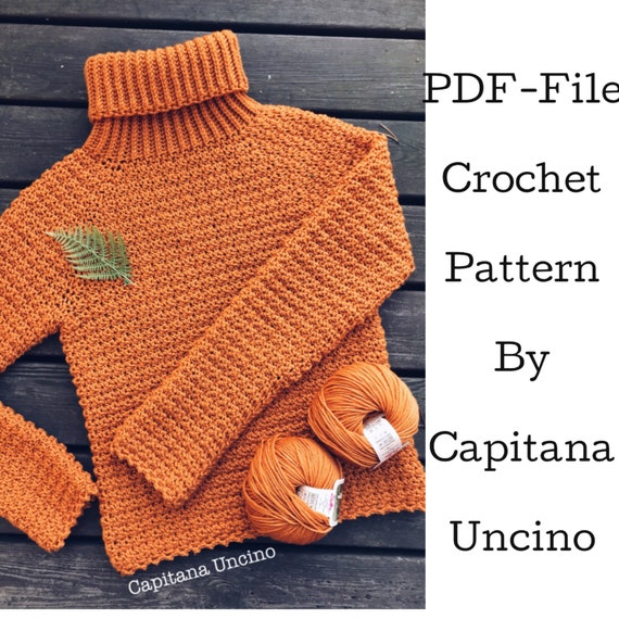 PDF-file for Crochet PATTERN, Elsa Polo-neck Jumper, Sweater, Sizes: XS - xL