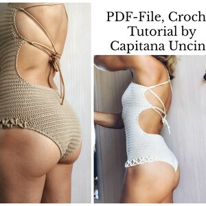 May include: Two crochet swimsuit designs, one in beige and one in white, with a criss-cross back strap detail. The text "PDF-File, Crochet Tutorial by Capitanana Uncino" is visible in the image.
