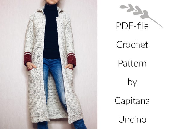 Pdf-file for Crochet PATTERN, Hilla long Jacket, 5 different Sizes: XS-XL, cardigan