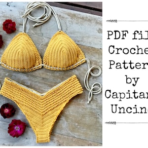 May include: A crochet bikini top and bottom in a bright yellow color. The top is a triangle style with thin white straps. The bottom is a high-waisted style with a V-shaped front. The text "PDF file Crochet Pattern by Capitanana Uncino" is in the image.