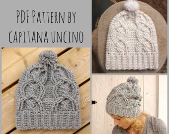 PDF Crochet  PATTERN for Alisha Cable Beanie, Slouchy, with Pompom