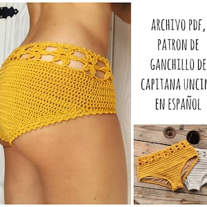 May include: A crochet bikini bottom pattern in Spanish. The pattern is for a crochet bikini bottom with a floral design. The pattern is available as a PDF download.