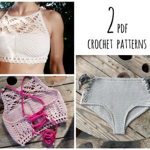 PDF-files for 2 Crochet PATTERNS, Luna cropped Crochet Top and Aliyah highwaist Bottom, Sizes XS-L