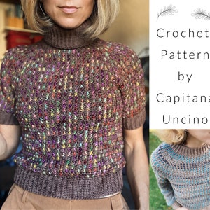 PDF-file for Crochet PATTERN, Kaamos Crochet Sweater, cropped, Long or short sleeves, turtle neck or narrow collar, sizes XS-xL, 6 sizes