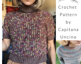 PDF-file for Crochet PATTERN, Kaamos Crochet Sweater, cropped, Long or short sleeves, turtle neck or narrow collar, sizes XS-xL, 6 sizes