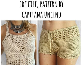 PDF-file for Crochet PATTERN set for Leyla Crochet Top and highwaist Shorts, Sizes XS-L, Cropped top