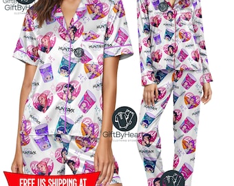 Huntrix Girls Satin Pajama Set, Kpop Demon Hunters Sleepwear, Rumi Zoey Mira Graphic PJs, Vintage Huntrix Fan Gift