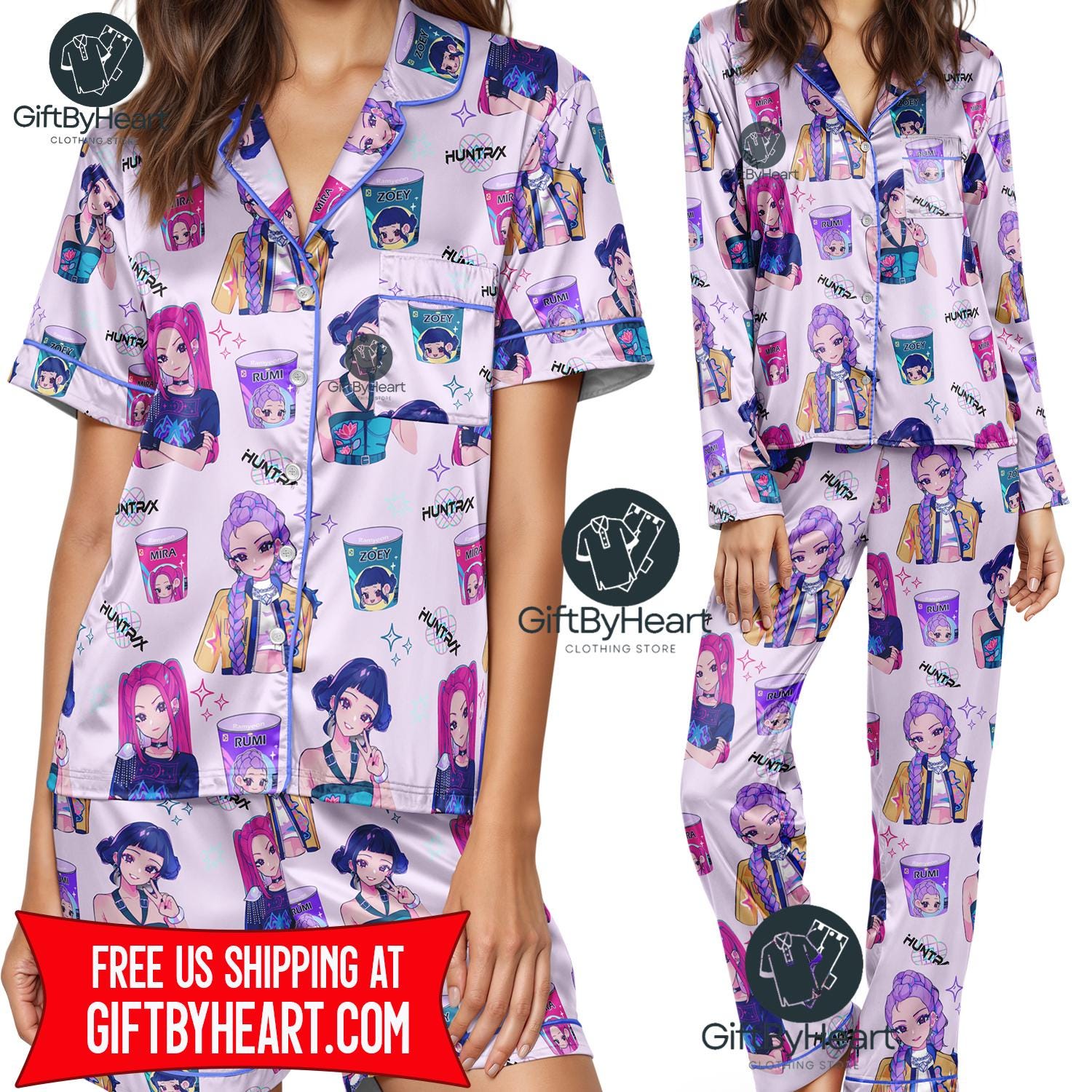 Huntrix Girls Satin Pajama Set, Kpop Demon Hunters Sleepwear, Rumi Zoey Mira Graphic PJs, Vintage Huntrix Fan Gift