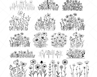 Wildflower Png Bundle, Wildflower Clipart, Wildflower Nature Images, Minimalist Bouquet Svg, Flower Border svg, Instant Download.
