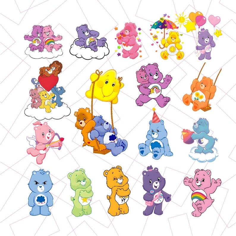 May include: A collection of colorful Care Bears illustrations. The bears are depicted in various poses, some with rainbows, hearts, and balloons. The bears are in shades of pink, blue, purple, yellow, and orange. Some bears are on clouds.