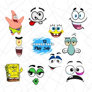 Paquete de caras de esponja divertidas PNG, cara de dibujos animados divertida SVG, Bob Esponja crochet, cara de dibujos animados PNG, descarga digital para sublimación