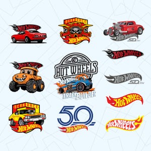 Puede incluir: Una colección de logotipos e ilustraciones de coches Hot Wheels. Los diseños incluyen un coche deportivo rojo, un camión monstruo y un coche de carreras. Los logotipos presentan las palabras "Hot Wheels" y "50th" en varios estilos, con llamas.