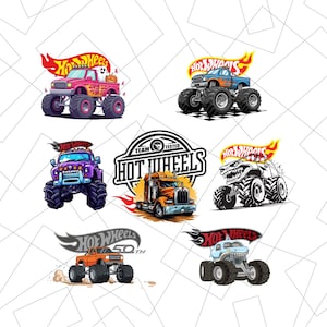 Puede incluir: Una colección de diseños de monster trucks Hot Wheels. Los camiones son de varios colores, incluyendo rosa, azul, morado, naranja y blanco. Cada camión presenta neumáticos grandes y llamas, con el logotipo de Hot Wheels.
