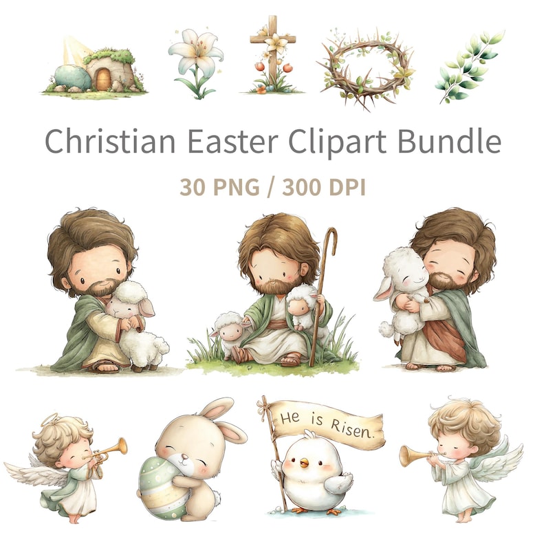 Watercolor Christian Easter Clipart | Jesus, Lamb, Angels (30 PNG 300 ...