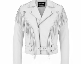 Men Brando American Western Cowboy Fringe Motorcycle Handmade White Leather Jacket
