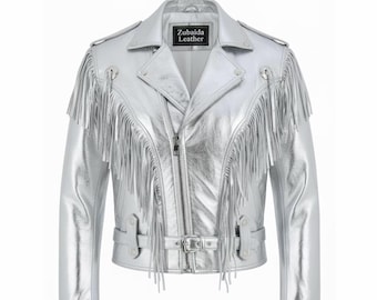Men's Silver Metallic Leather Fringe Biker Jacket, Handmade
