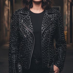 Women's Black Brando Rockstar Studded Leather Jacket / Gothic Punk Rock Handmade Motorcycle Jacket