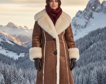 May include: A long brown coat with a cream-colored shearling collar, cuffs, and trim. The coat features a single large button closure and is worn with a burgundy scarf, brown gloves, and brown boots. The background shows a snowy mountain landscape.