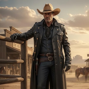 May include: A man in a cowboy hat and black leather duster coat stands near a wooden fence. He wears a dark shirt, jeans, and cowboy boots. A gun holster is visible. The background shows a Western town and horses.