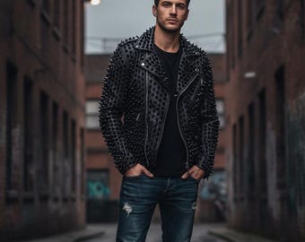 Chaqueta de cuero con tachuelas Brando Rockstar negra para hombre / Chaqueta de motociclista gótica punk rock hecha a mano