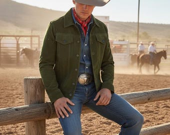 Chaqueta vaquera estilo camionero para hombre, de ante auténtico, informal, de moda.