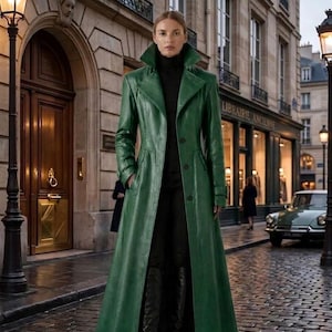 May include: A long, emerald green leather trench coat featuring a wide collar, notched lapels, and a button-front closure. The coat is worn over a black turtleneck sweater, black trousers, and black knee-high leather boots on a cobblestone street.