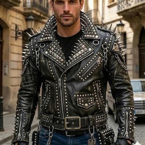 Men's Black Brando Rockstar Studded Genuine Leather Jacket/Gothic Punk Rock Handmade Motorcycle Jacket