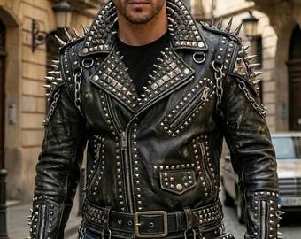 Giacca da motociclista nera Brando Rockstar in vera pelle con borchie/stile gotico punk rock, realizzata a mano