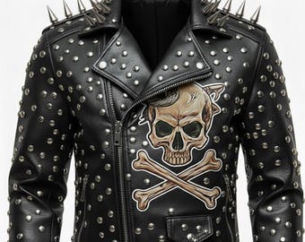 May include: Black leather jacket with silver studs and spikes on the shoulders. Features a skull and crossbones graphic on the front. Includes a zipper closure and a belt at the waist. A classic punk rock style.