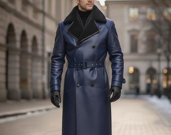 Abrigo largo de piel de vacuno de lujo para hombre: estilo invernal real / Cuello de piel sintética