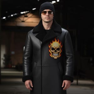 Men's Flame Skull Embroidery Patch Real Leather Long Coat / Warm Winter Overcoat-Faux Fur Coat