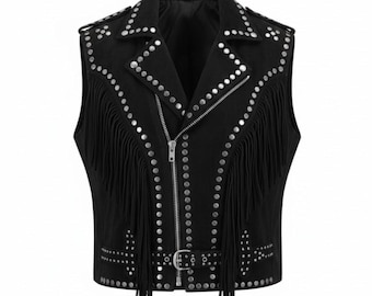 Men's Brando Western Cowboy Fringe Motorcycle Handmade Black Suede Studded Leather Vest/Waistcoat