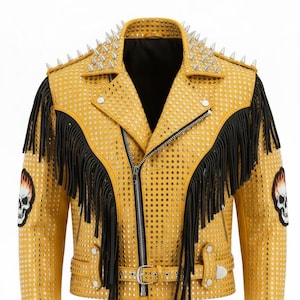May include: Mustard yellow leather jacket with silver metal studs on the shoulders and collar. The jacket features black fringe detailing, a zip closure, and skull patches on the sleeves. A stylish, edgy fashion statement.