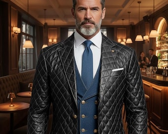 Men's Classic Quilted Outerwear Real Leather Coat/Casual Royal Business Luxury Blazer Dress Coat