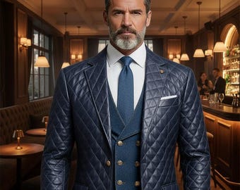 Men's Classic Quilted Outerwear Real Leather Coat/Casual Royal Business Luxury Blazer Dress Coat