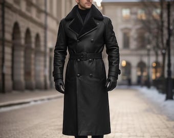 Abrigo largo de piel de vaca para hombre: cuello de piel sintética, abrigo de invierno